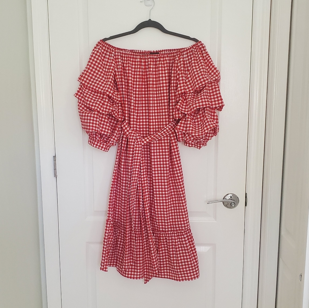Red Gingham Dramatic Puff Pick Up Sleeves Ruffle Bottom Off Shoulder Dress S - Picture 2 of 15